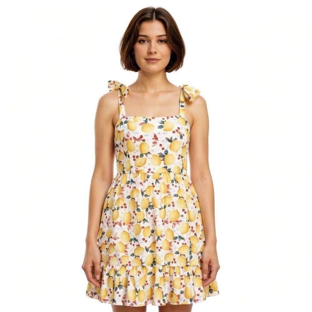 Womens Dress Size Large Lemon Cherry Print Midi Ruffle Hem Wide Strap Sundress